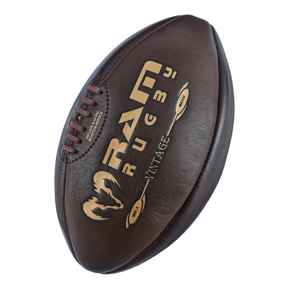 Ram Rugby Vintage Style Heritage Rugby Ball in brown leather displayed on wooden presentation stand, classic size 5 fun rugby ball