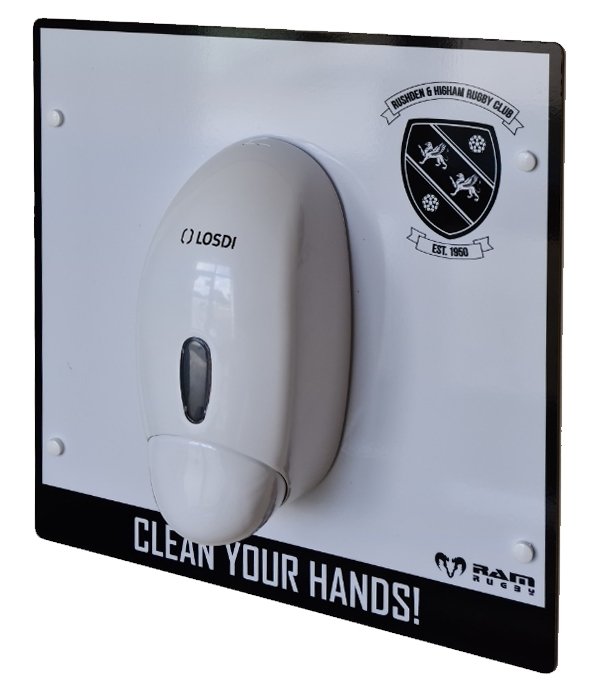 Ram Rugby 1L manual wall mounted hand sanitiser dispenser in white aluminium with clear level window and open fill design