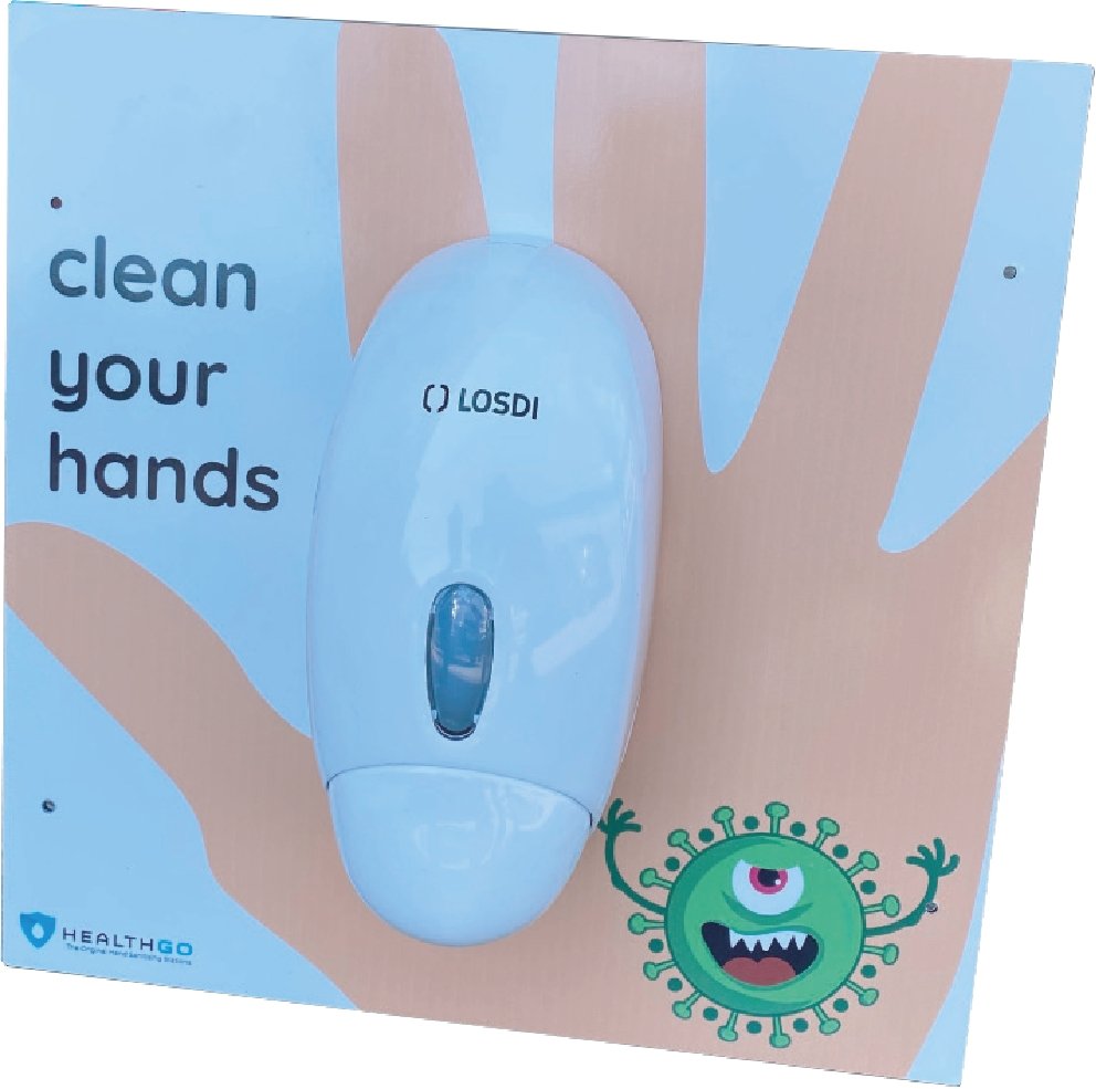 Ram Rugby wall mounted 1L manual hand sanitiser dispenser in white aluminium with transparent refill window, rugby PPE safety unit