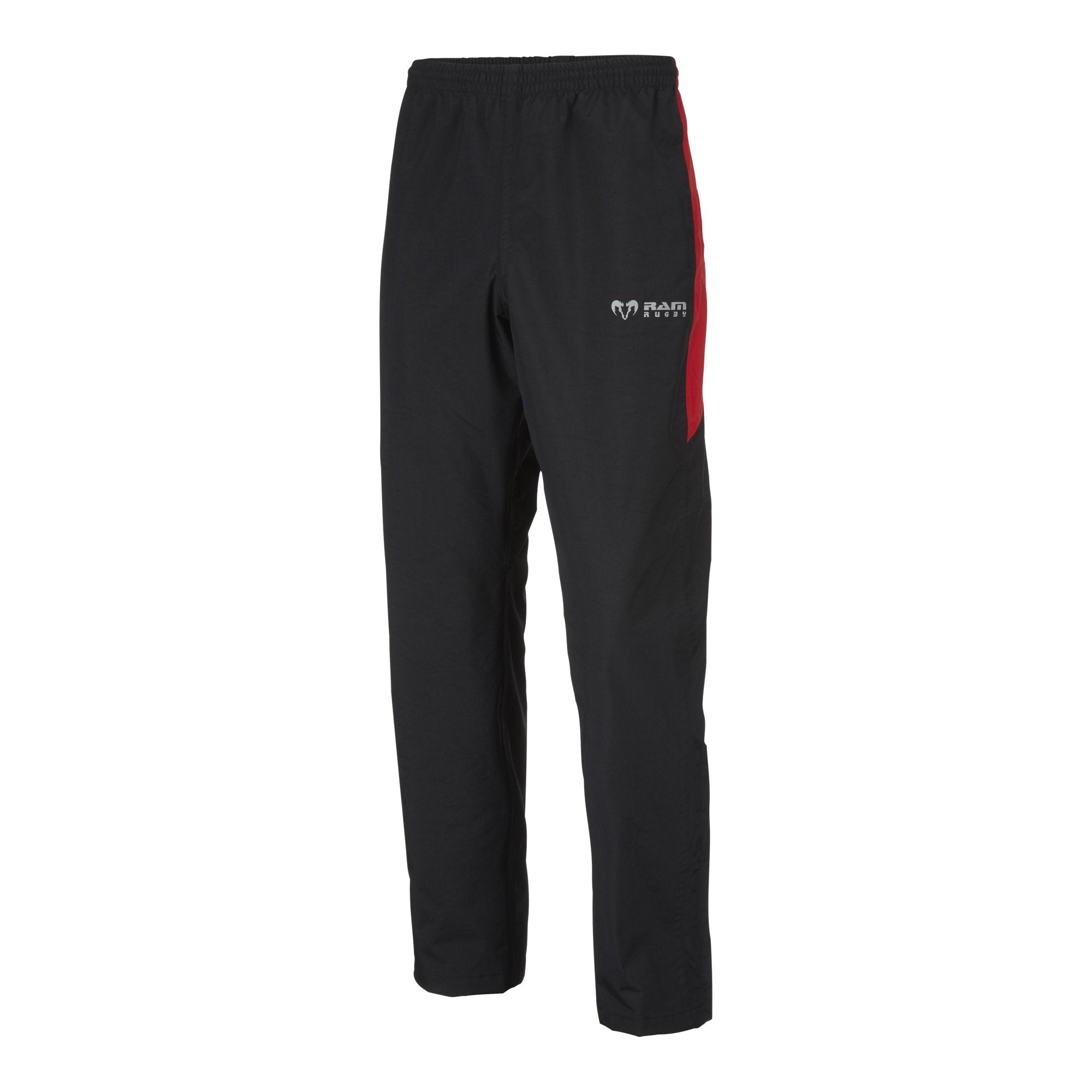 Ram Rugby Custom Wet Bottoms in black, lightweight mesh-lined polyester with straight leg and 12-inch leg zipper detail